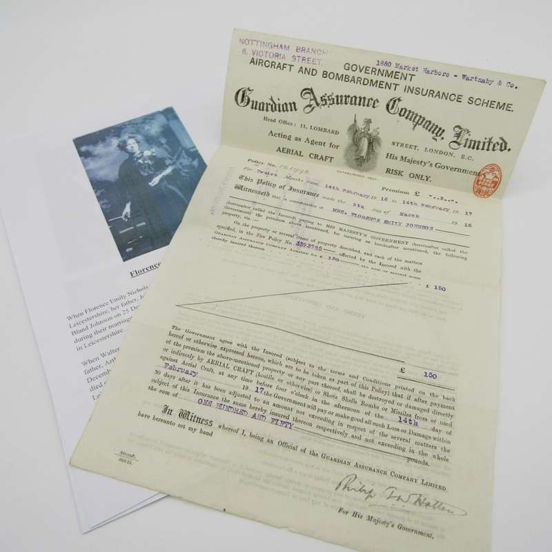 WW1 Government Aircraft Bombardment and insurance papers issued to Ms Florence Emily Johnson