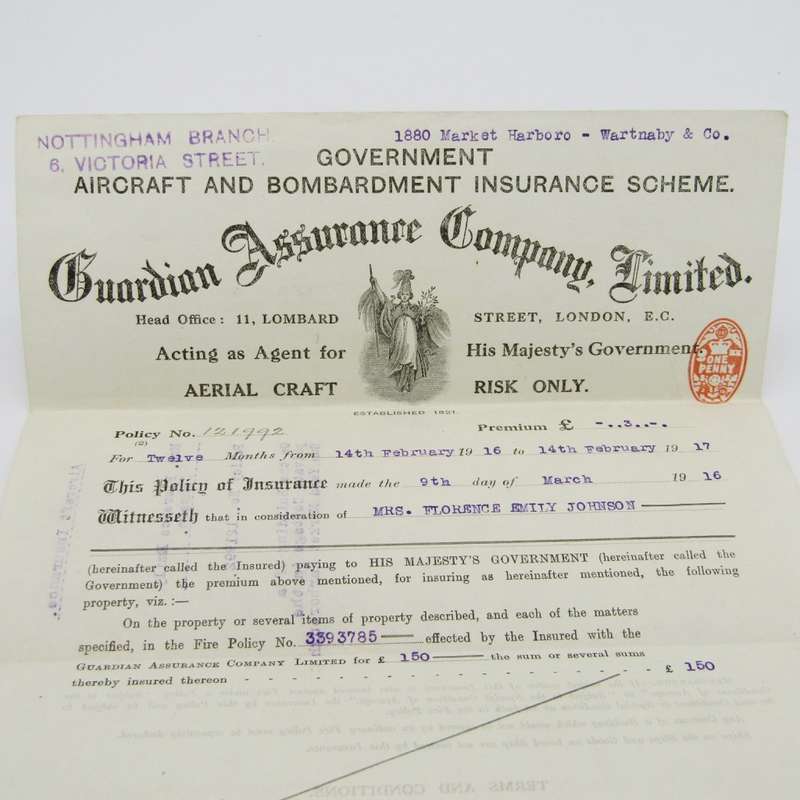 WW1 Government Aircraft Bombardment and insurance papers issued to Ms Florence Emily Johnson