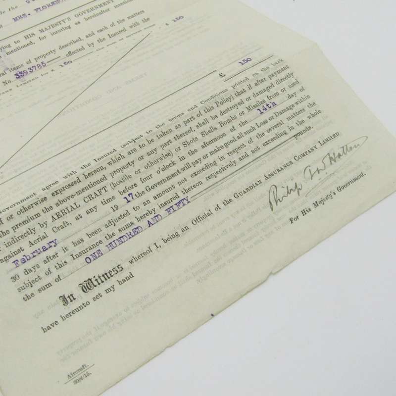 WW1 Government Aircraft Bombardment and insurance papers issued to Ms Florence Emily Johnson