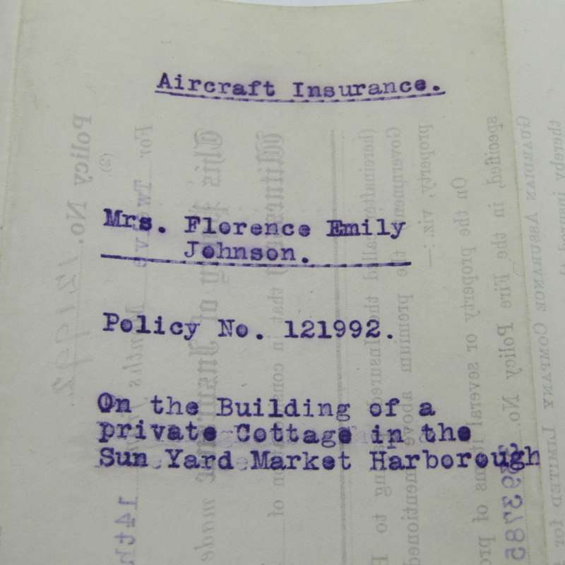 WW1 Government Aircraft Bombardment and insurance papers issued to Ms Florence Emily Johnson