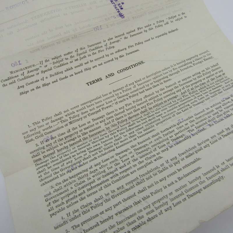 WW1 Government Aircraft Bombardment and insurance papers issued to Ms Florence Emily Johnson