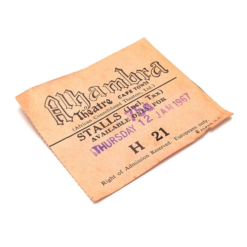 AIhambra Theatre Cape Town 1967 apartheid Europeans only ticket