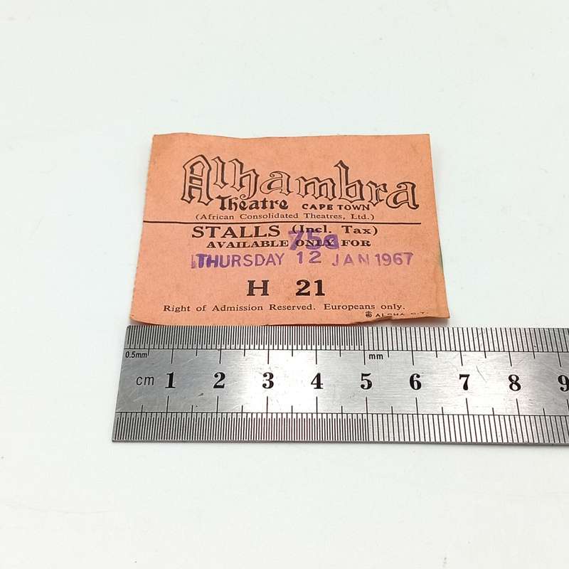 AIhambra Theatre Cape Town 1967 apartheid Europeans only ticket