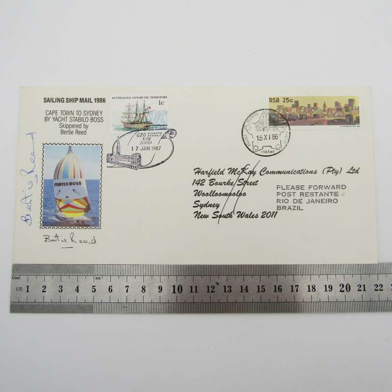 Sailing shop mail 1986 Carried from Cape Town to Sydney by Yacht Stabilo Boss and redirected to Rio