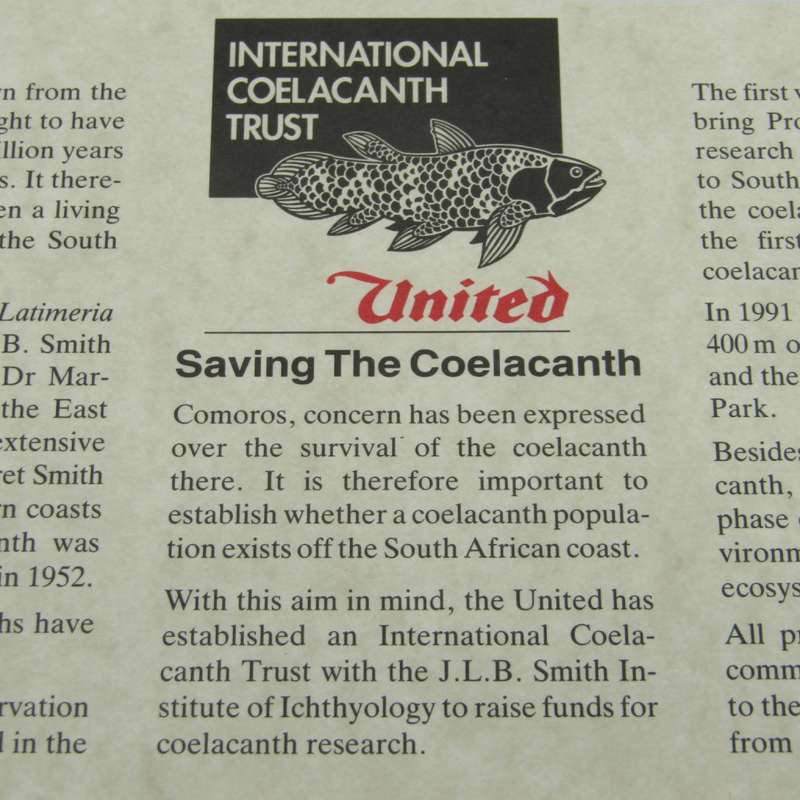 Internasional Coelacanths Trust cover signed by connected Persons on inner card