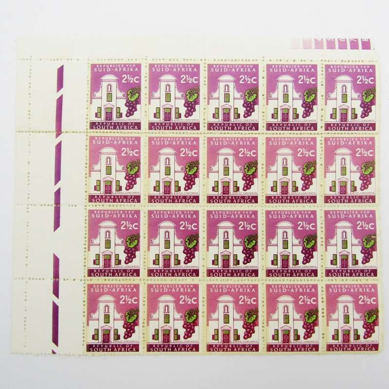 South Africa 2 1/2 Groot Constania stamps block of 20 with top row darker shade plus other variables