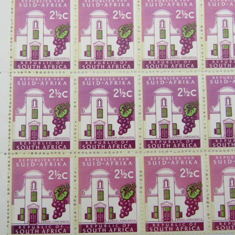 South Africa 2 1/2 Groot Constania stamps block of 20 with top row darker shade plus other variables