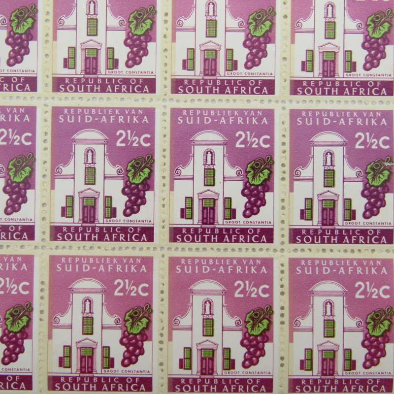 South Africa 2 1/2 Groot Constania stamps block of 20 with top row darker shade plus other variables
