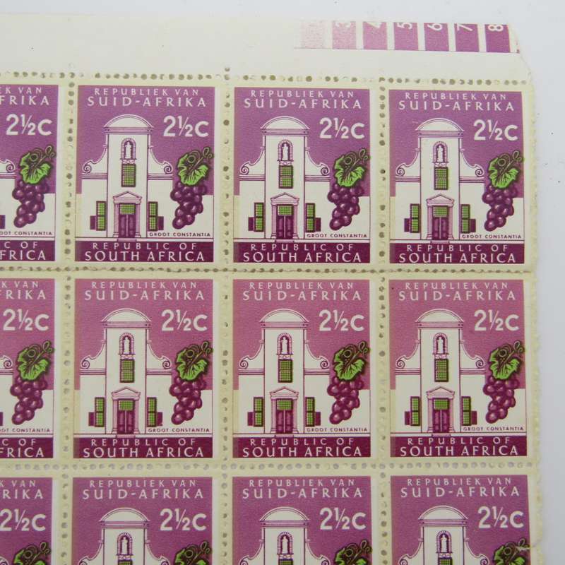 South Africa 2 1/2 Groot Constania stamps block of 20 with top row darker shade plus other variables