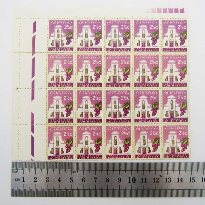 South Africa 2 1/2 Groot Constania stamps block of 20 with top row darker shade plus other variables