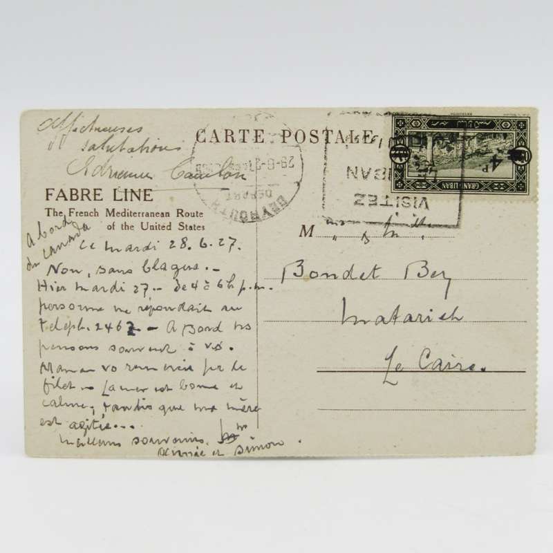 Lebanon to Cairo 1927 postcard with 4 Peru overprinted Lebanon stamp