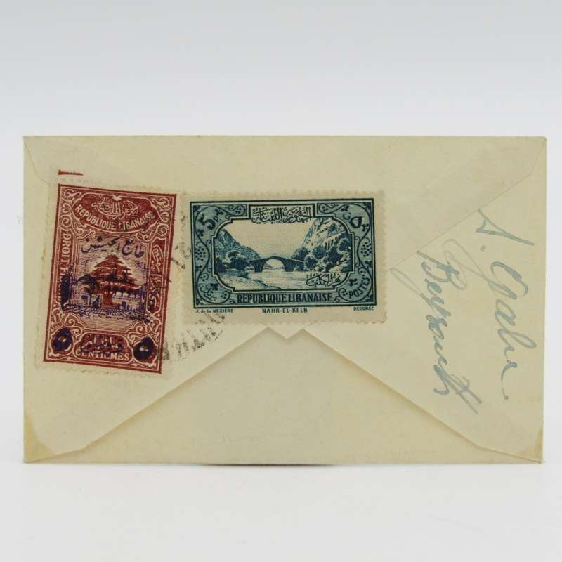 Small cover Lebanon to Cape Town with 2 cancelled Lebanese stamps on the back 1940