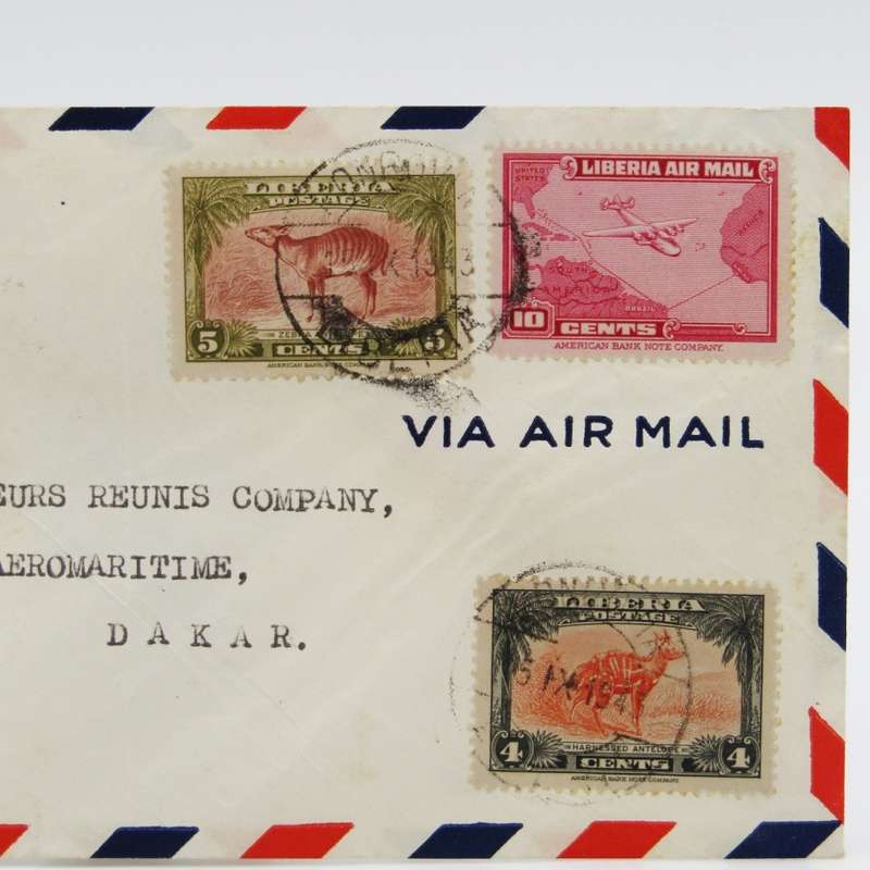 WW2 Maritime Airmail 15 September 1943 Liberia to Dakar, Senegal with 4 Liberia stamps