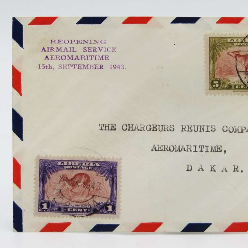 WW2 Maritime Airmail 15 September 1943 Liberia to Dakar, Senegal with 4 Liberia stamps
