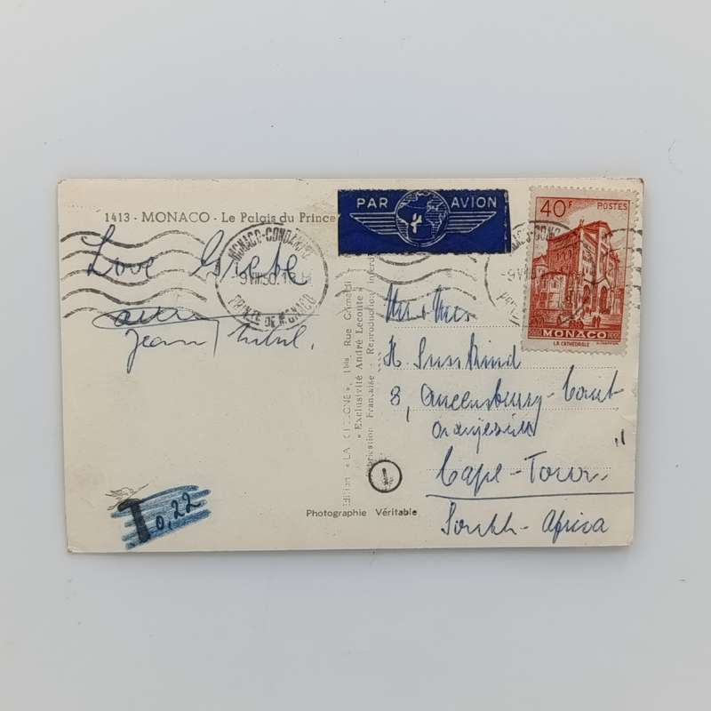 Taxed airmail postcard sent from Monaco to Cape Town 1950 with 40 Franc stamp