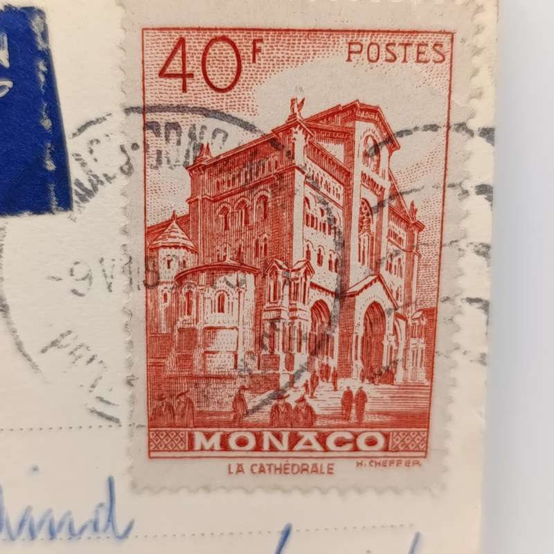 Taxed airmail postcard sent from Monaco to Cape Town 1950 with 40 Franc stamp