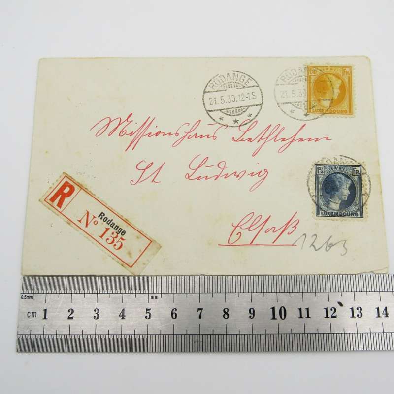 Cover posted in Rodange - registered to Saint Louis - Luxembourg to France posted 1930