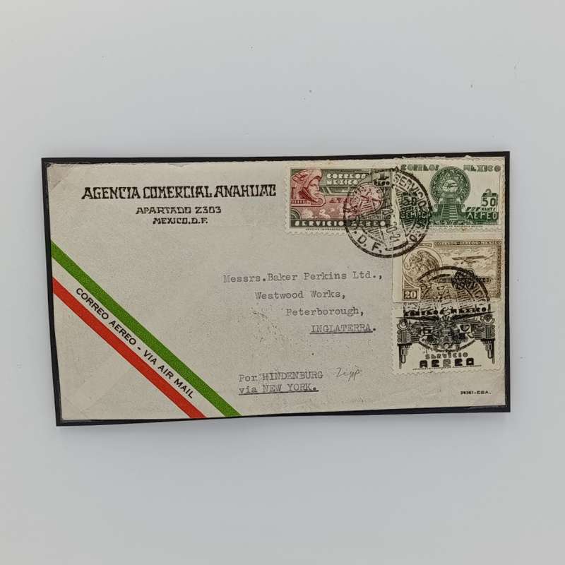 Flight cover flown from Mexico to England (Inglaterra) via New York on the Hindenburg in 1936