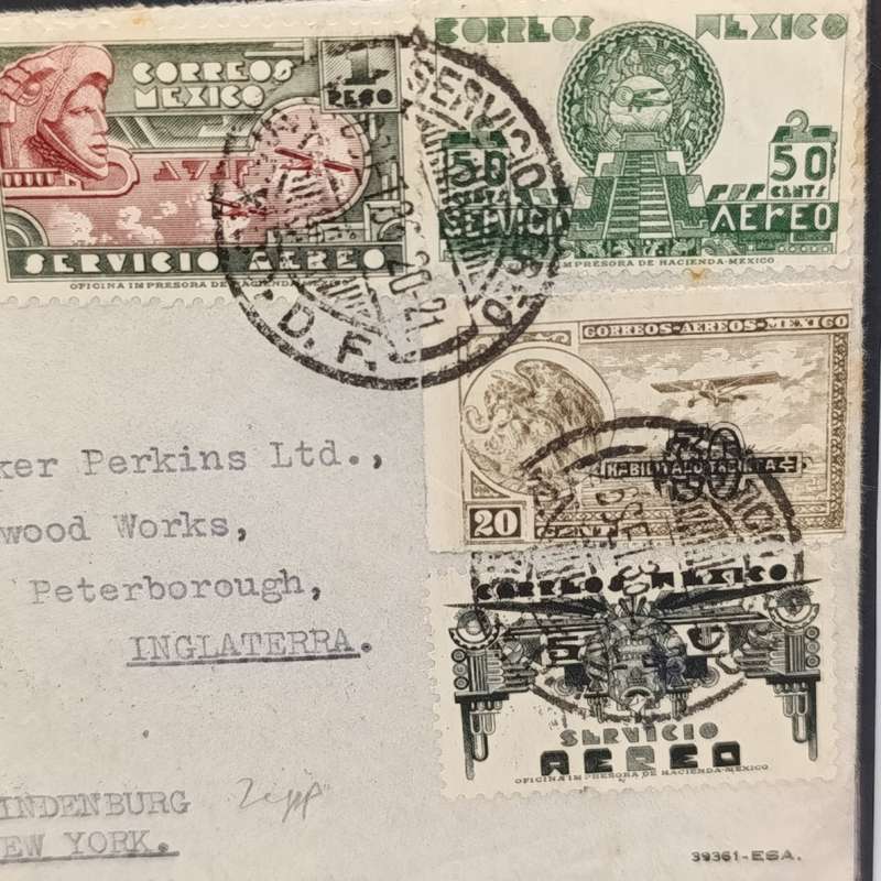 Flight cover flown from Mexico to England (Inglaterra) via New York on the Hindenburg in 1936