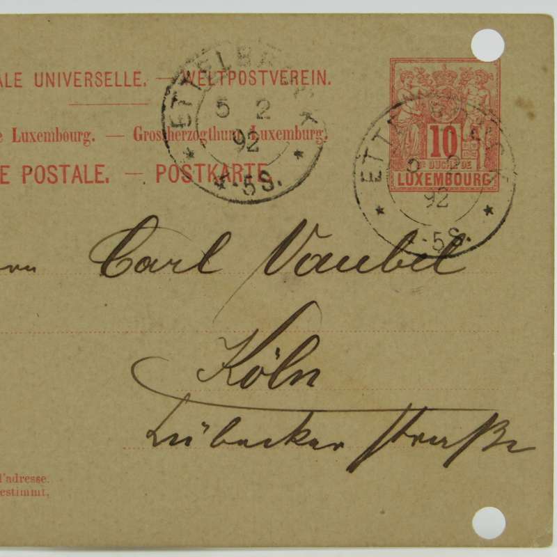 1892 Postcard with pre printed 10 cent Luxembourg stamp sent to Koln - 2 punch holes