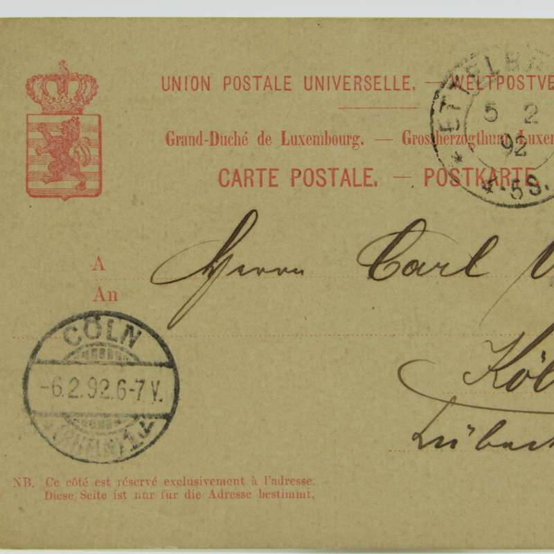 1892 Postcard with pre printed 10 cent Luxembourg stamp sent to Koln - 2 punch holes