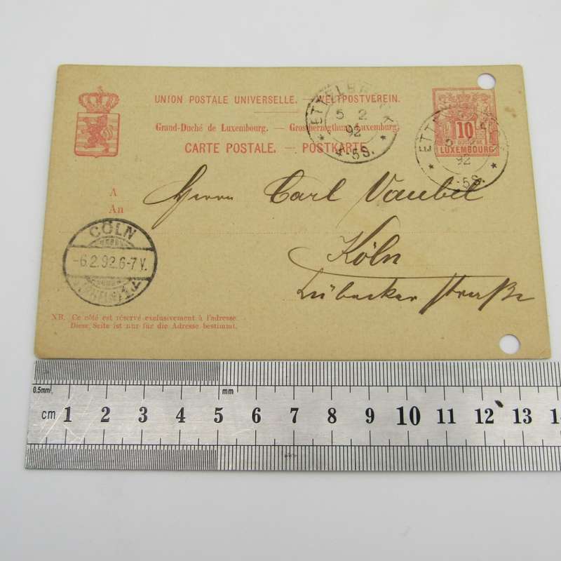 1892 Postcard with pre printed 10 cent Luxembourg stamp sent to Koln - 2 punch holes