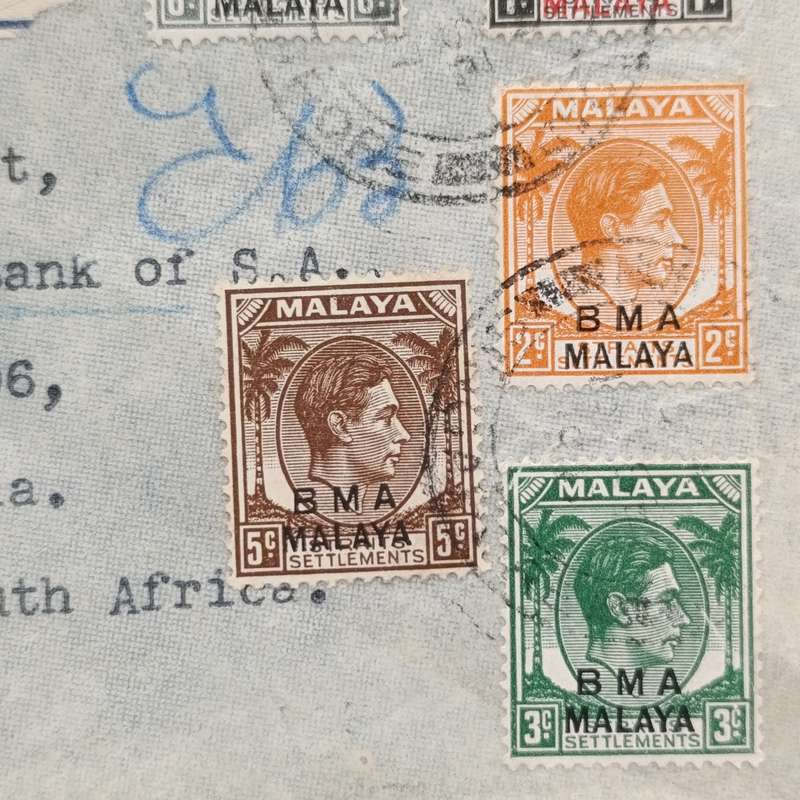 Registered Singapore cover Malaya to Pretoria with 9 different BMA Malaya overstamped
