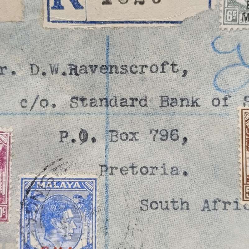 Registered Singapore cover Malaya to Pretoria with 9 different BMA Malaya overstamped