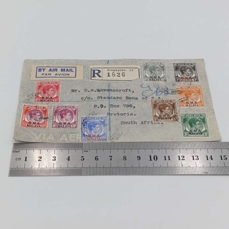 Registered Singapore cover Malaya to Pretoria with 9 different BMA Malaya overstamped