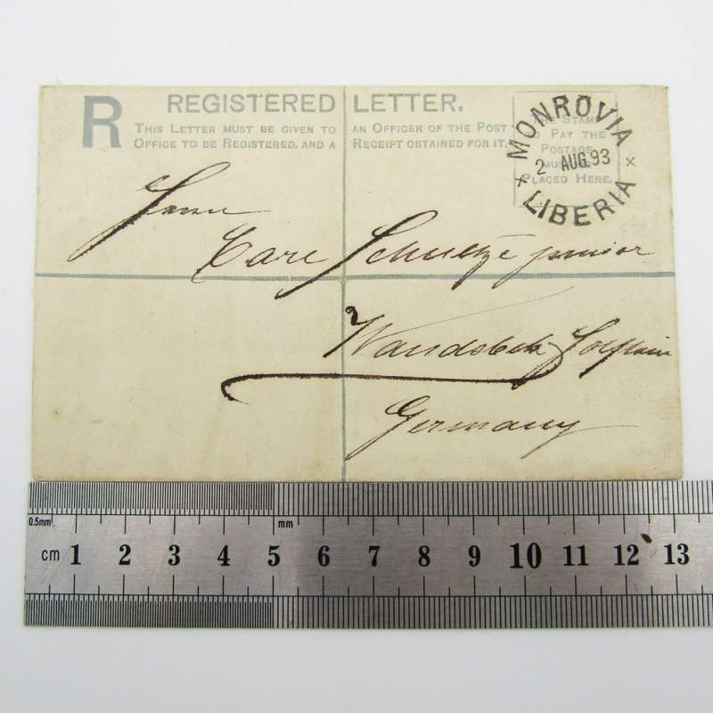 Registered letter from Monrovia , Liberia with 10 cents registration printing on the back