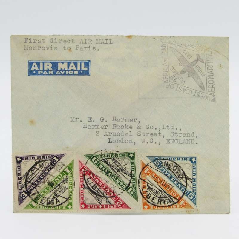 Airmail cover - first direct airmail Monrovia Liberia to Paris with 6 Liberia triangular stamps