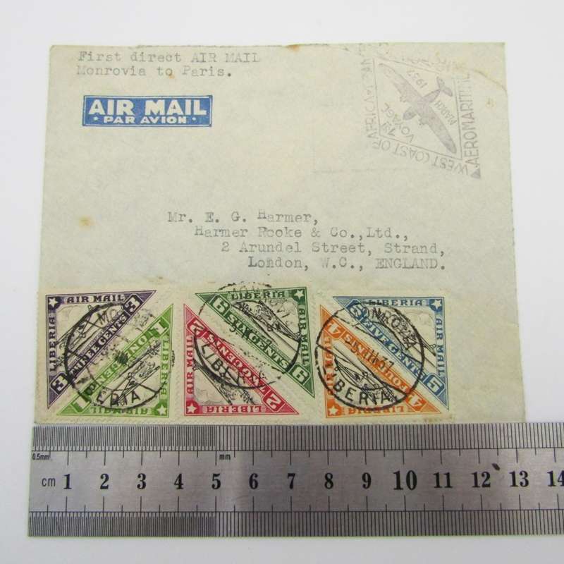 Airmail cover - first direct airmail Monrovia Liberia to Paris with 6 Liberia triangular stamps