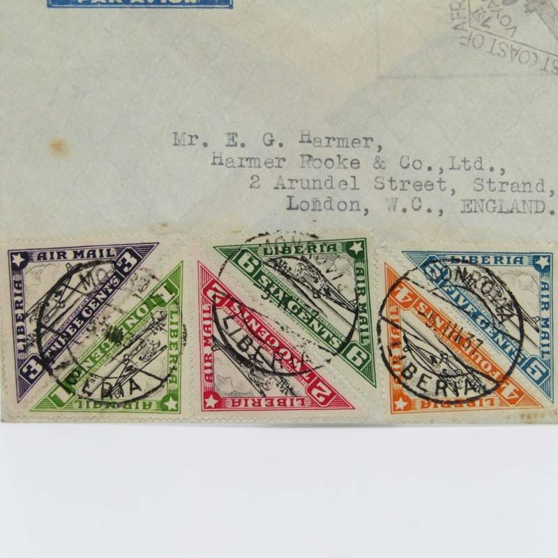 Airmail cover - first direct airmail Monrovia Liberia to Paris with 6 Liberia triangular stamps