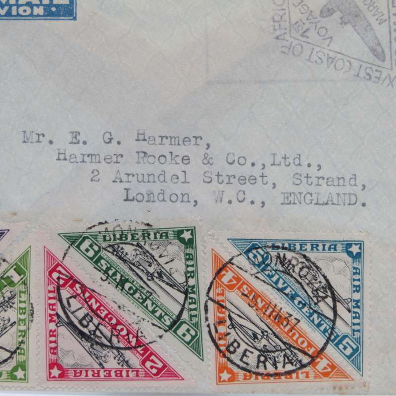 Airmail cover - first direct airmail Monrovia Liberia to Paris with 6 Liberia triangular stamps