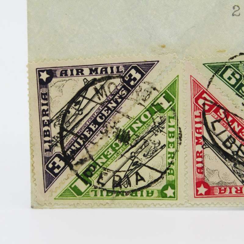 Airmail cover - first direct airmail Monrovia Liberia to Paris with 6 Liberia triangular stamps