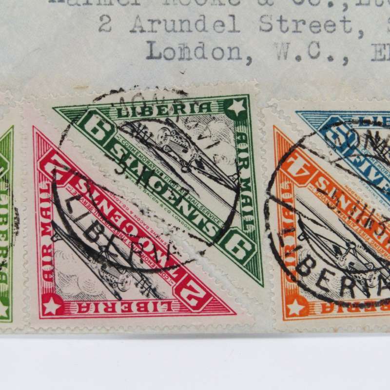 Airmail cover - first direct airmail Monrovia Liberia to Paris with 6 Liberia triangular stamps