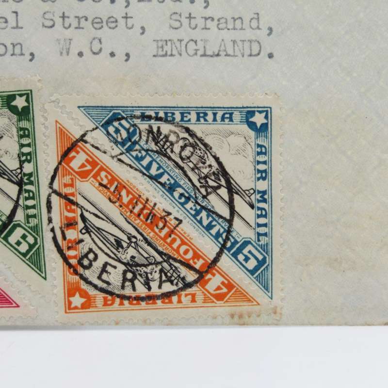 Airmail cover - first direct airmail Monrovia Liberia to Paris with 6 Liberia triangular stamps