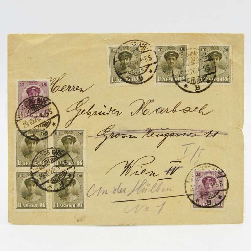 Luxembourg to Vienna cover with 9 Luxembourg stamps onfront cancelled 29 October 1926