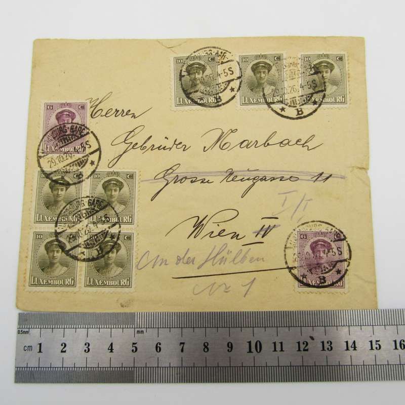 Luxembourg to Vienna cover with 9 Luxembourg stamps onfront cancelled 29 October 1926