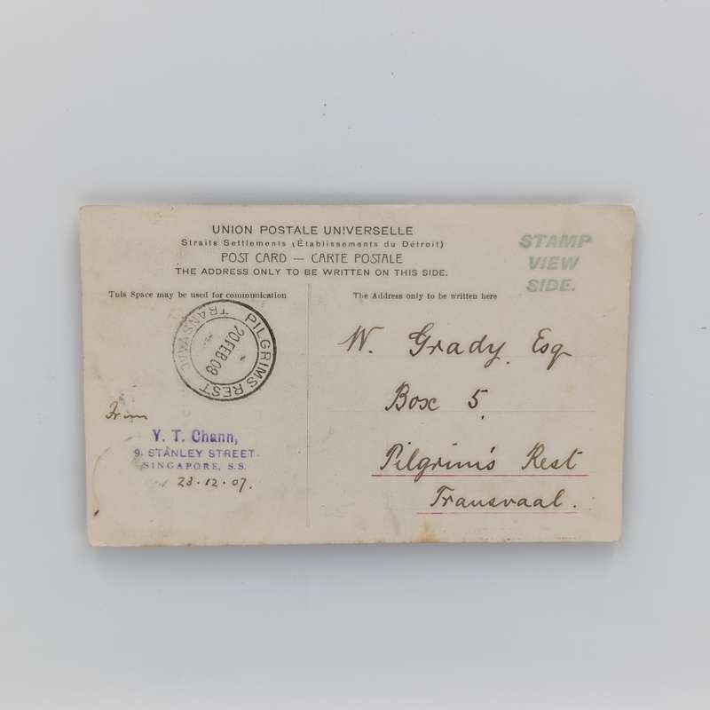 Postcard from Singapore to Pelgrim`s Rest, Transvaal 1907/1908 with Straits Settlement 3 cent stamp