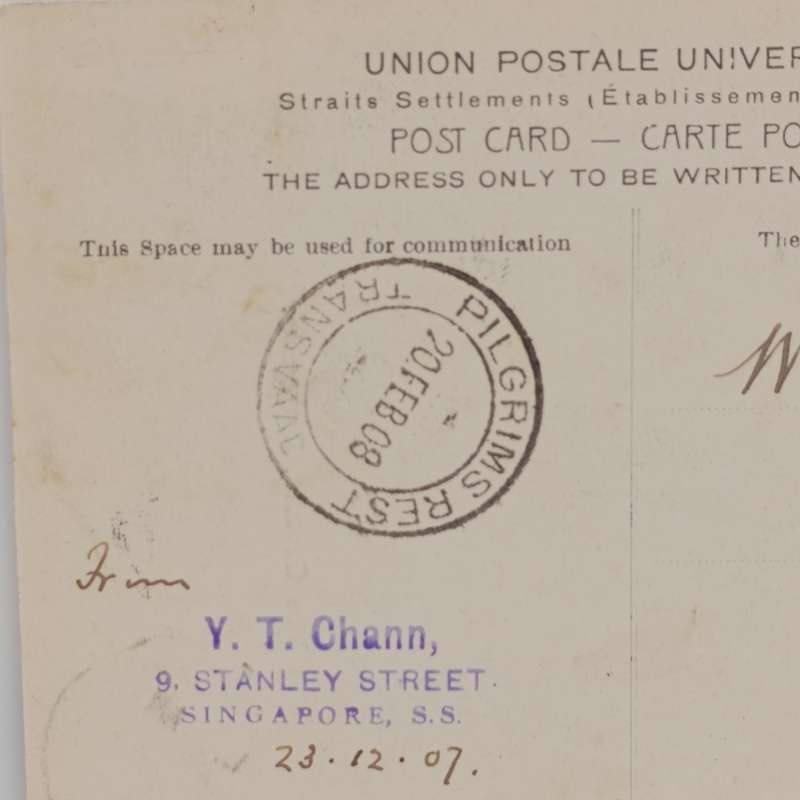 Postcard from Singapore to Pelgrim`s Rest, Transvaal 1907/1908 with Straits Settlement 3 cent stamp