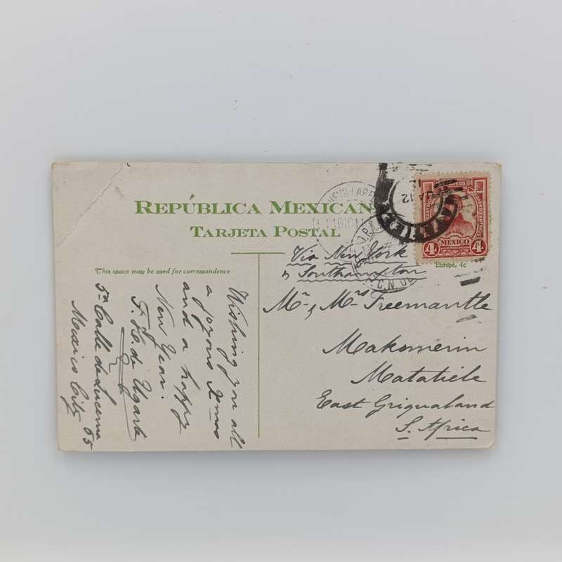 Postcard from Mexico to East Griqualand 1912 with view of Mexican Railway on front