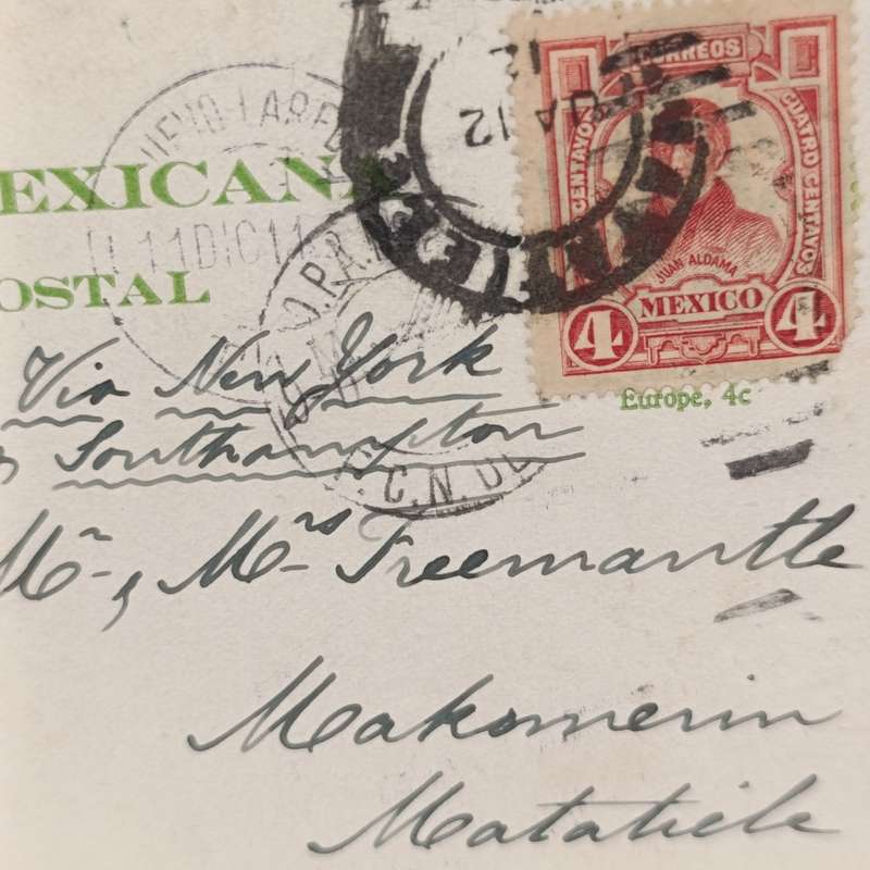 Postcard from Mexico to East Griqualand 1912 with view of Mexican Railway on front