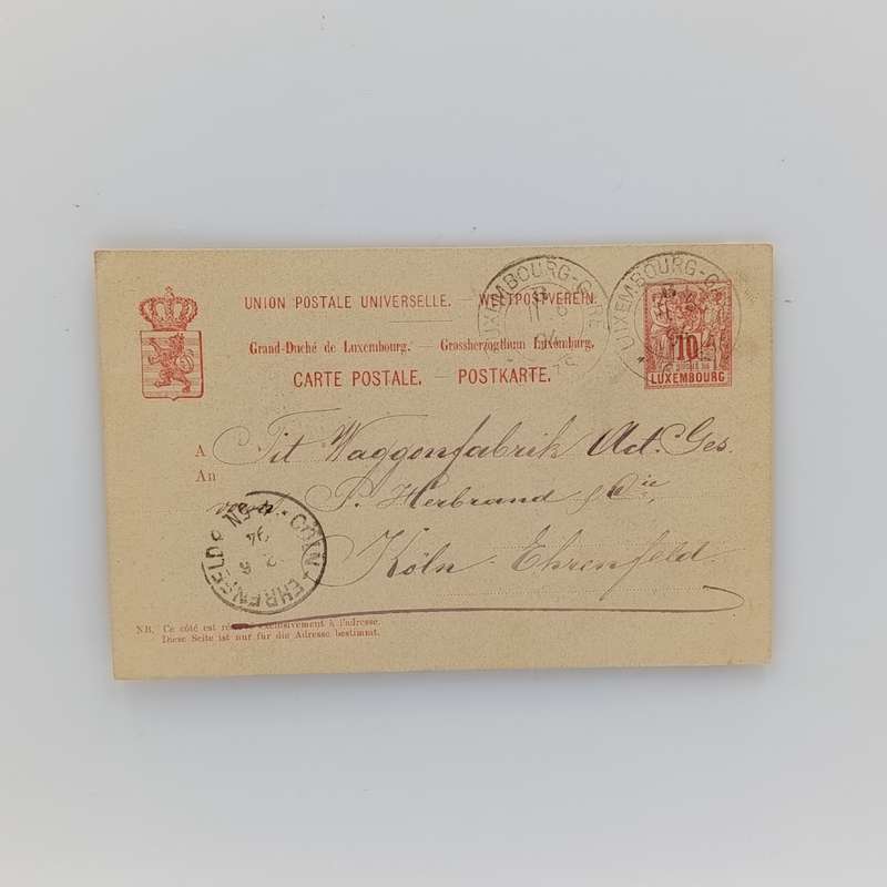 1894 Postcard sent from Luxemburg to Koln, Germany ( Ehrenfeld )
