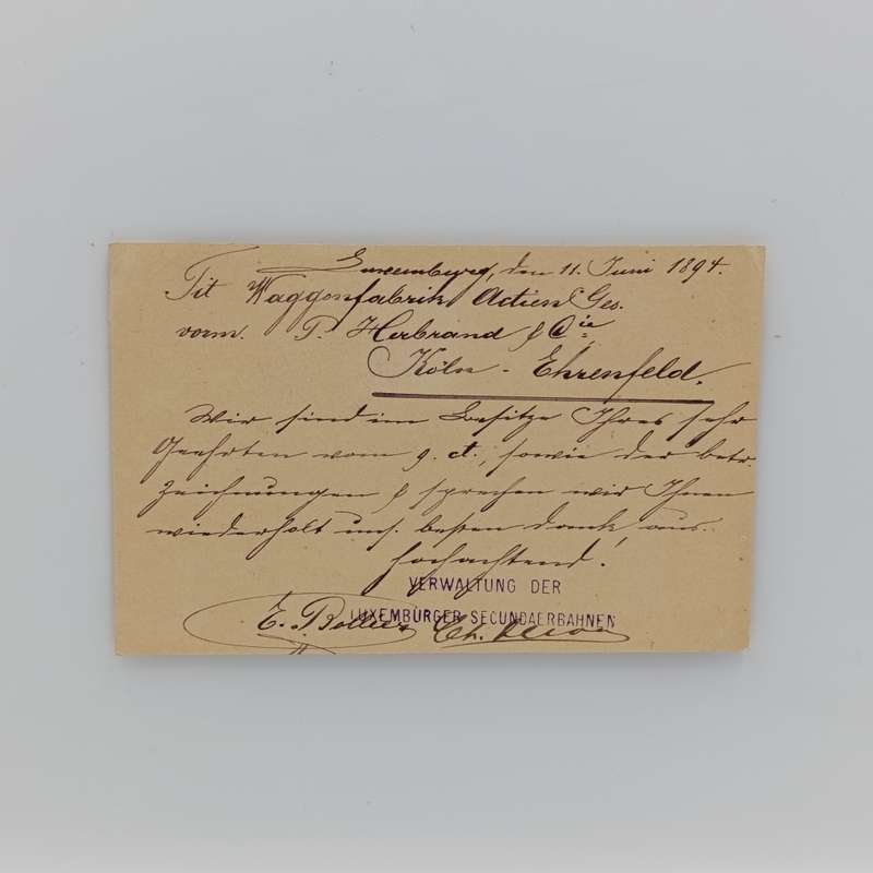 1894 Postcard sent from Luxemburg to Koln, Germany ( Ehrenfeld )