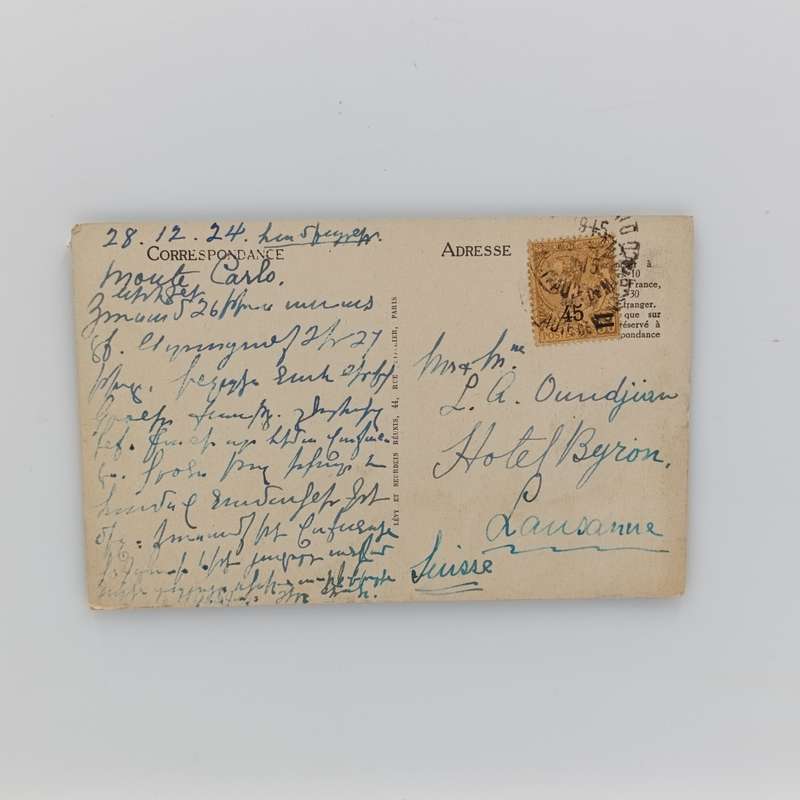 1924 Postcard sent from Monaco to Hotel Byron Lausanne, Switzerland with 45 cent overstamped stamp