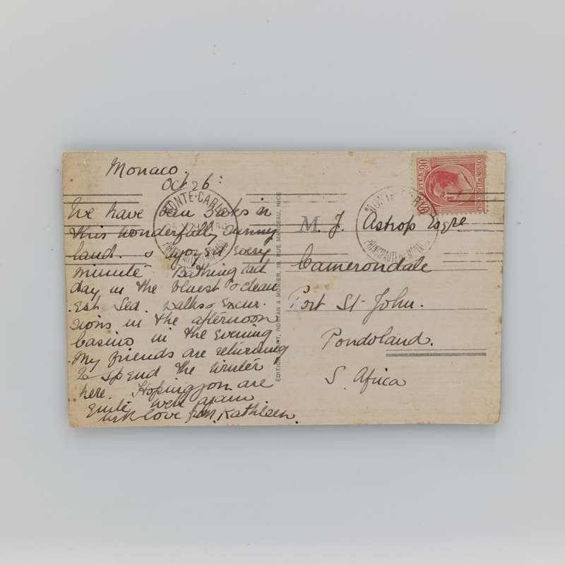 1926 Postcard sent from Monaco to Port St Johns, Pondoland, South Africa with 90 cent Monaco stamp