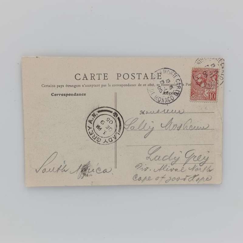 Monaco postcard sent to Lady Grey - Cape of Good Hope with Monaco 10 cent stamp cancelled 1905