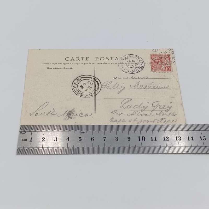 Monaco postcard sent to Lady Grey - Cape of Good Hope with Monaco 10 cent stamp cancelled 1905