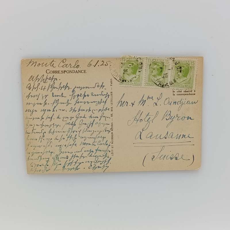 Postcard sent Manoco to Switzerland with 3 x 15 cent Monaco stamps cancelled 1925